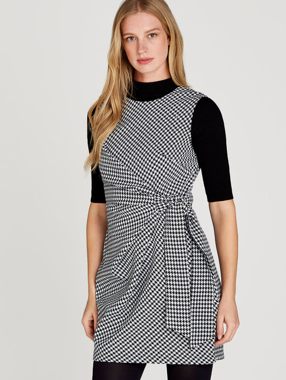 Black Houndstooth Side Knot Dress, Black, large
