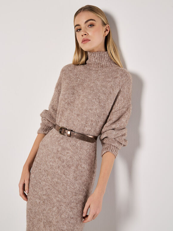 Oversized Fluffy Jumper Midi Dress, Stone, large