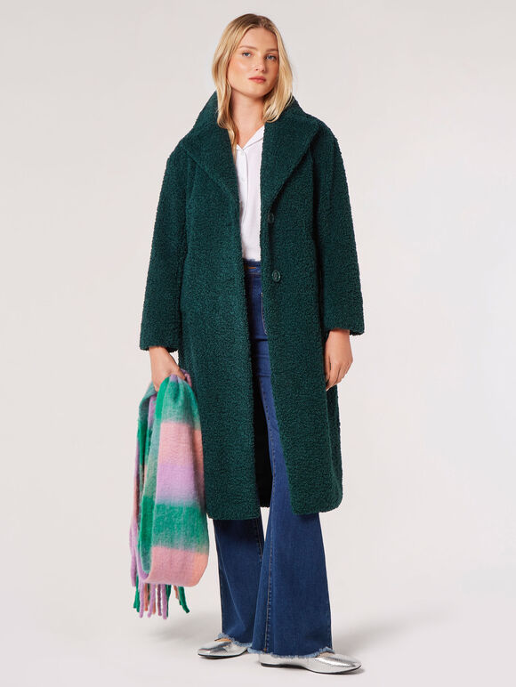 Longline Borg Teddy Coat, Green, large