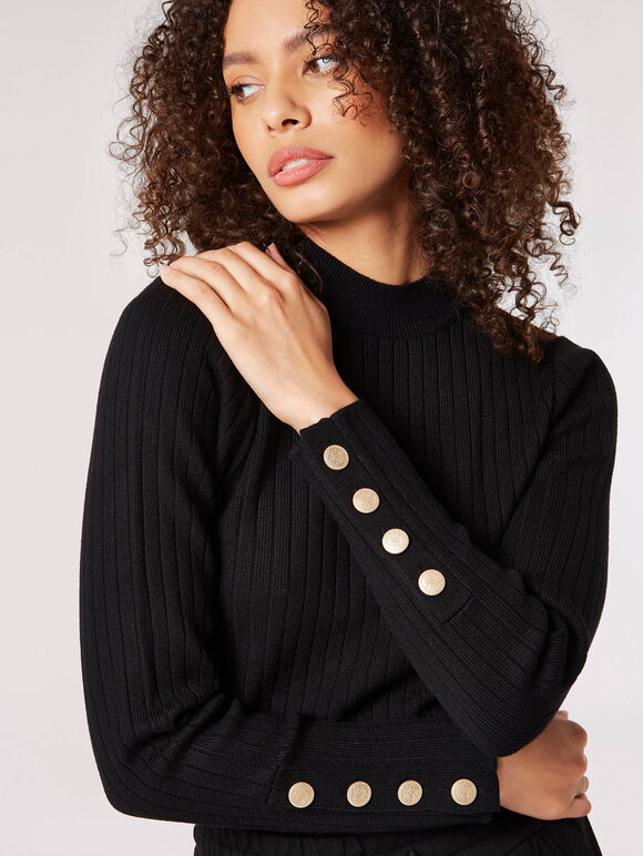 Gold Button Ribbed Jumper, Black, large