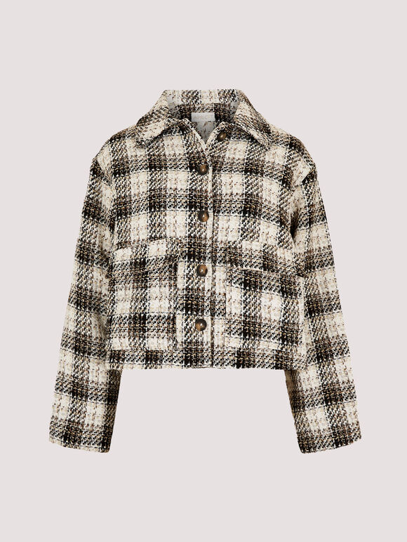 Woven Textured Check Cropped Shacket, Brown, large