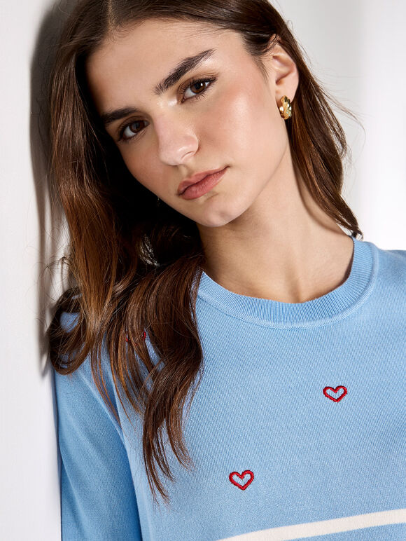 Stripe Embroidered Hearts Jumper, Blue, large