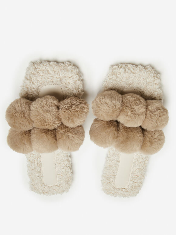 Pom Pom Cosy Sole Slippers, Stone, large