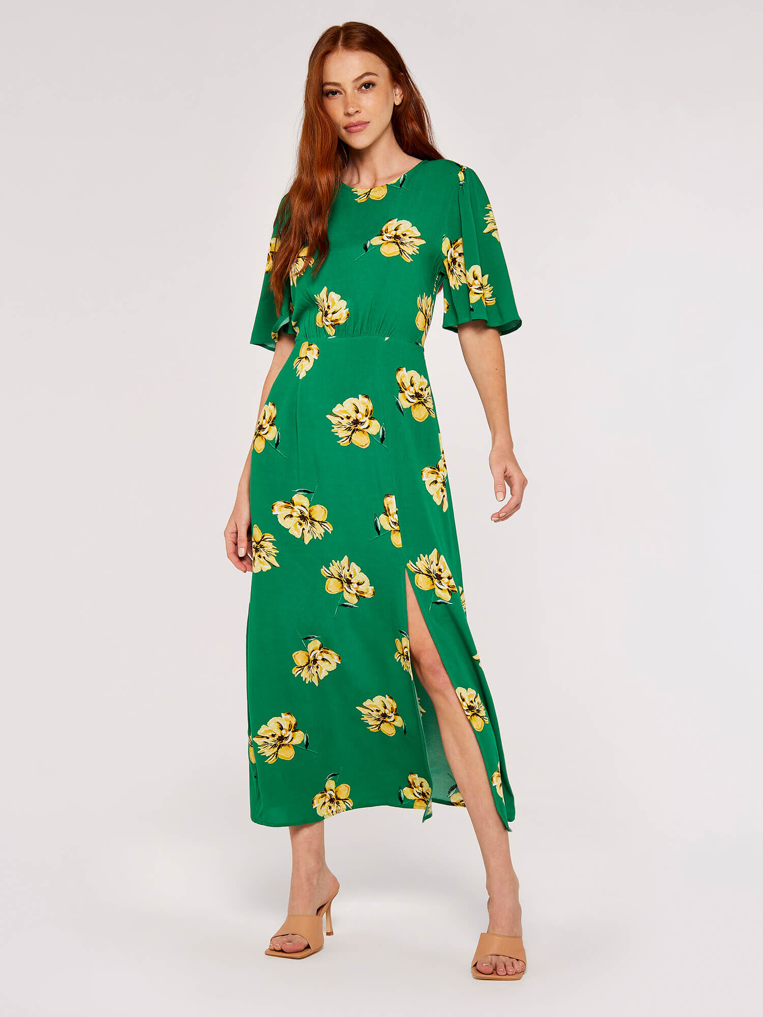 Floral midi dress with slit on sale