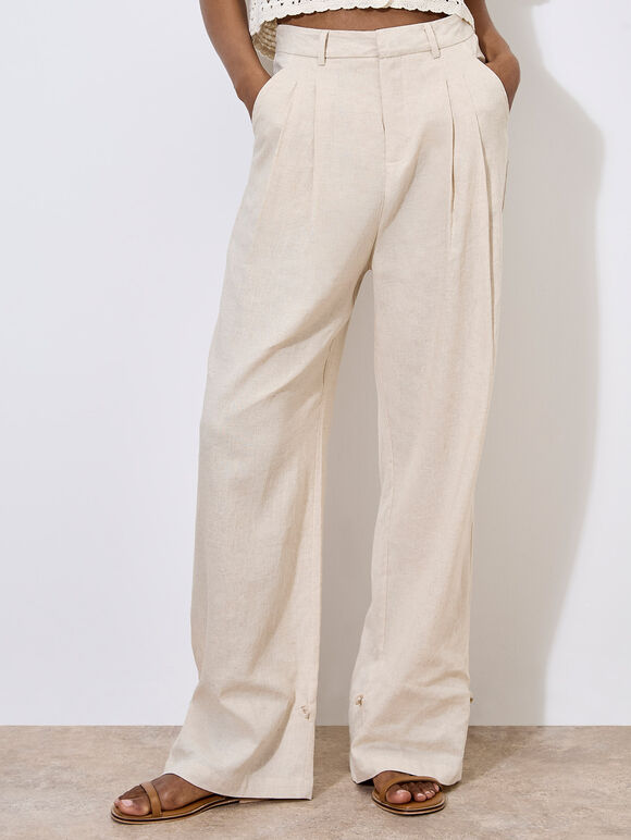 Linen Blend Cinch Hem Trousers, Cream, large