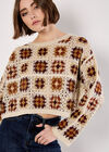 Crochet Squares Cropped Jumper, Burgundy, large
