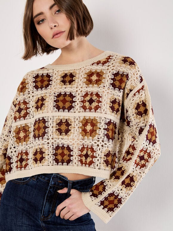 Crochet Squares Cropped Jumper, Burgundy, large