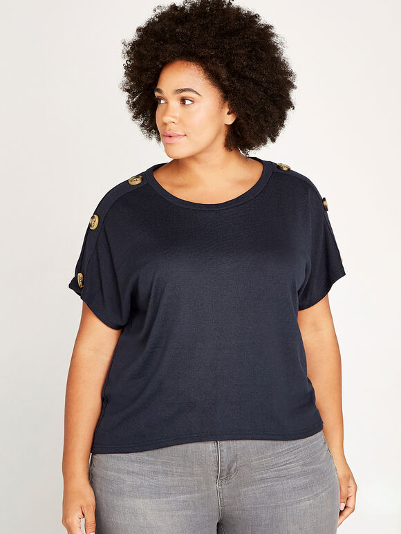 Button Shoulder Curved Hem Tee+, Navy, large