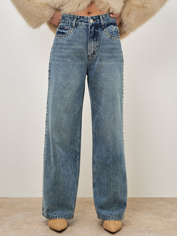 Maca Stud Embellished Wide Leg Jeans, Blue, large