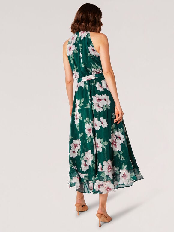 Painterly Floral Shimmer Midi Dress, Green, large