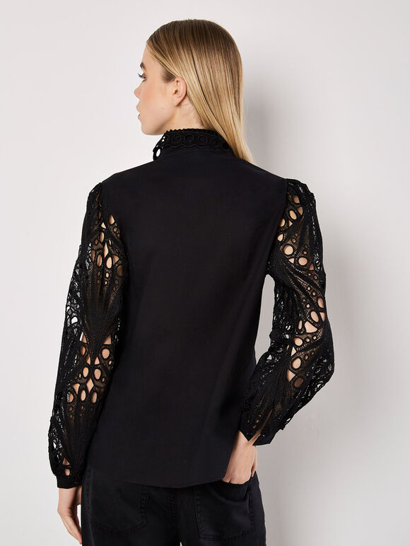Lace Sleeve Cotton Shirt, Black, large