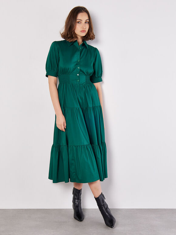 Smocked Waist Shirt Midaxi Dress, Green, large