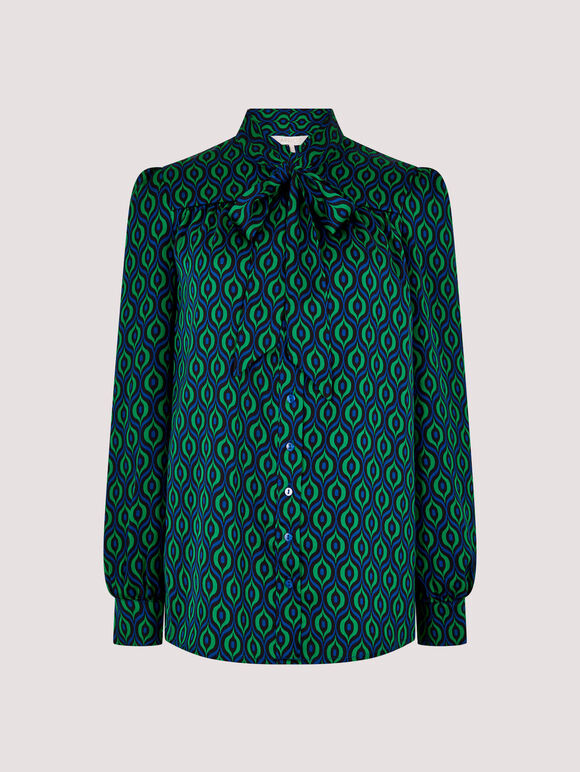 Geometric Tie Neck Satin Shirt, Blue, large