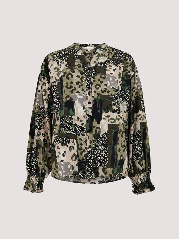 Animal Patchwork Print Blouse, Khaki, large