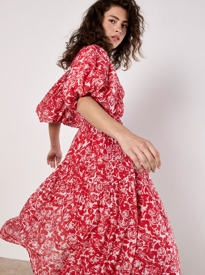 Rose Print Tiered Midi Dress