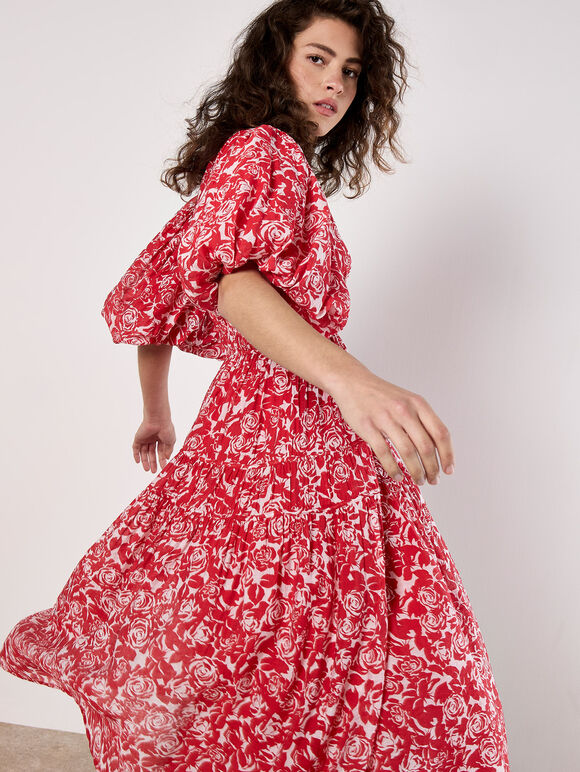 Rose Print Tiered Midi Dress, Red, large