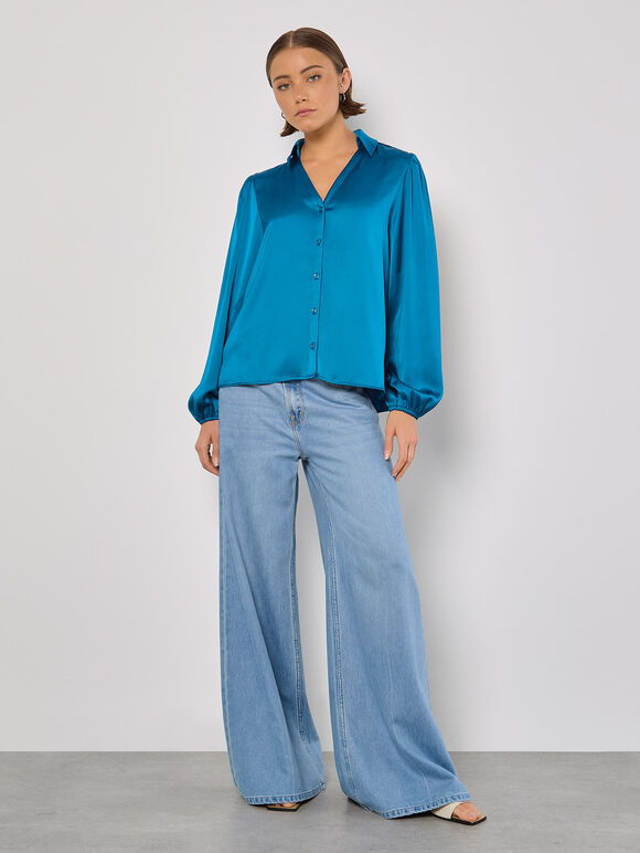 Soft Satin Shirt, Blue, large