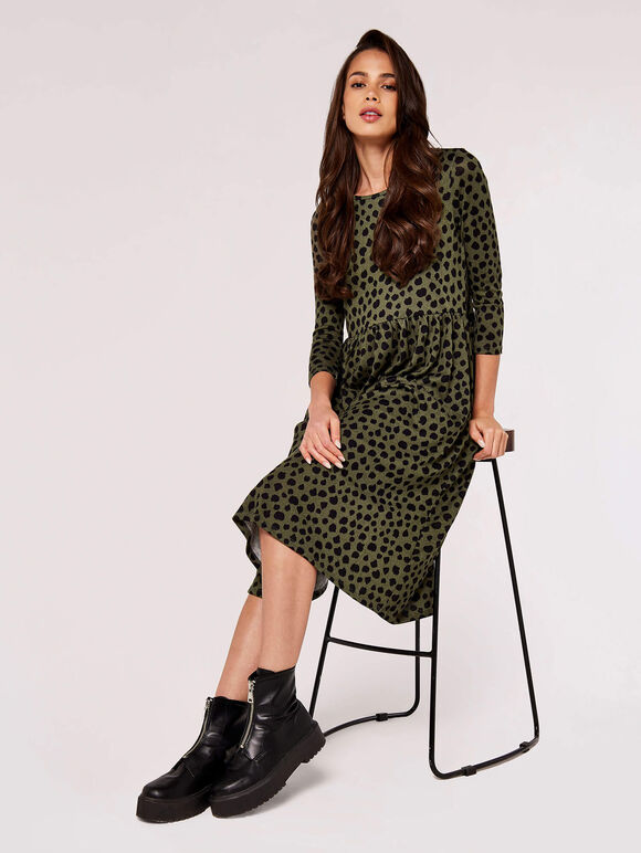 Painterly Dot Midi Dress, Khaki, large