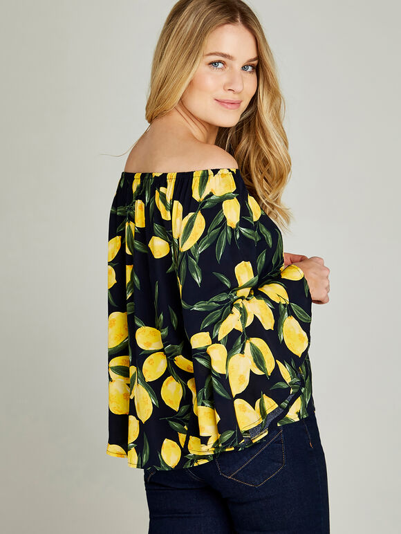 Navy Lemon Print Bardot Top, Navy, large