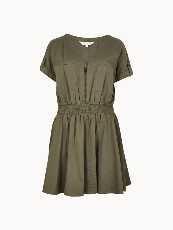 Zip Detail Skater Cotton Mini Dress, Khaki, large