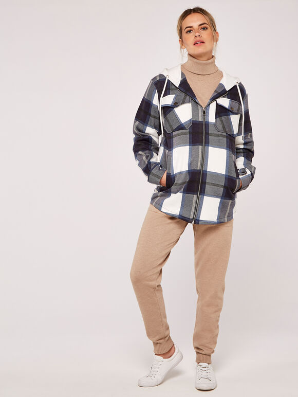 Check Zip Through Shacket, Navy, large