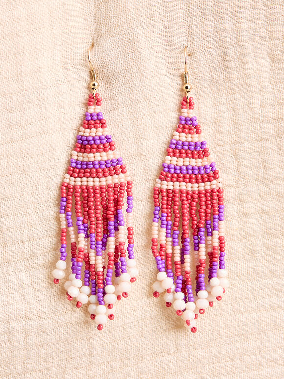 Beaded Fringe Hook Earrings, Red, large