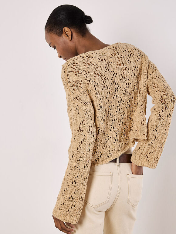 Pointelle Scallop Hem Jumper, Stone, large