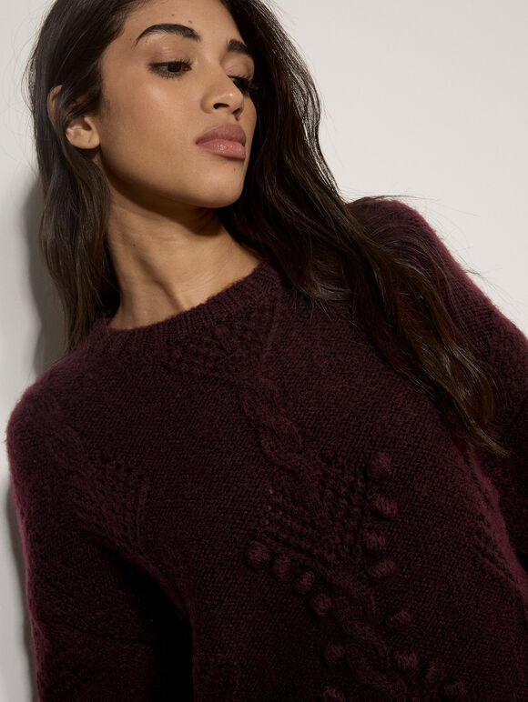 Brushed Bobble Cable Knit Jumper, Plum, large