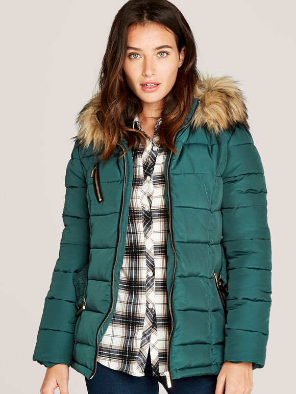 Removable Faux Fur Hood Puffer Jacket, Green, large