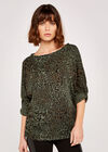 Leopard Camo Ruched Batwing Top, Khaki, large