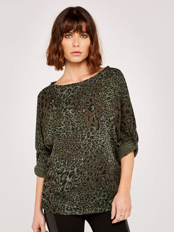 Leopard Camo Ruched Batwing Top, Khaki, large