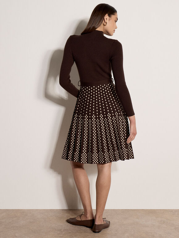 Ribbed Knit Polka Dot Midi Dress, Brown, large