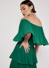 Plisse Tiered Bardot Mini Dress, Green, large