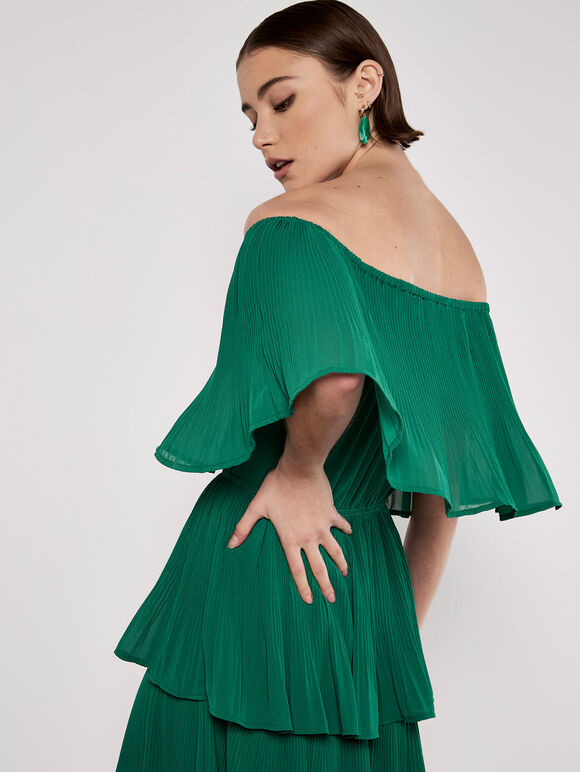 Plisse Tiered Bardot Mini Dress, Green, large