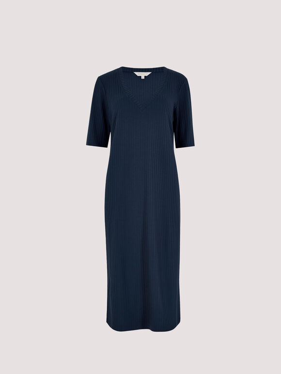 Basic Ribbed Midi Dress, Navy, large