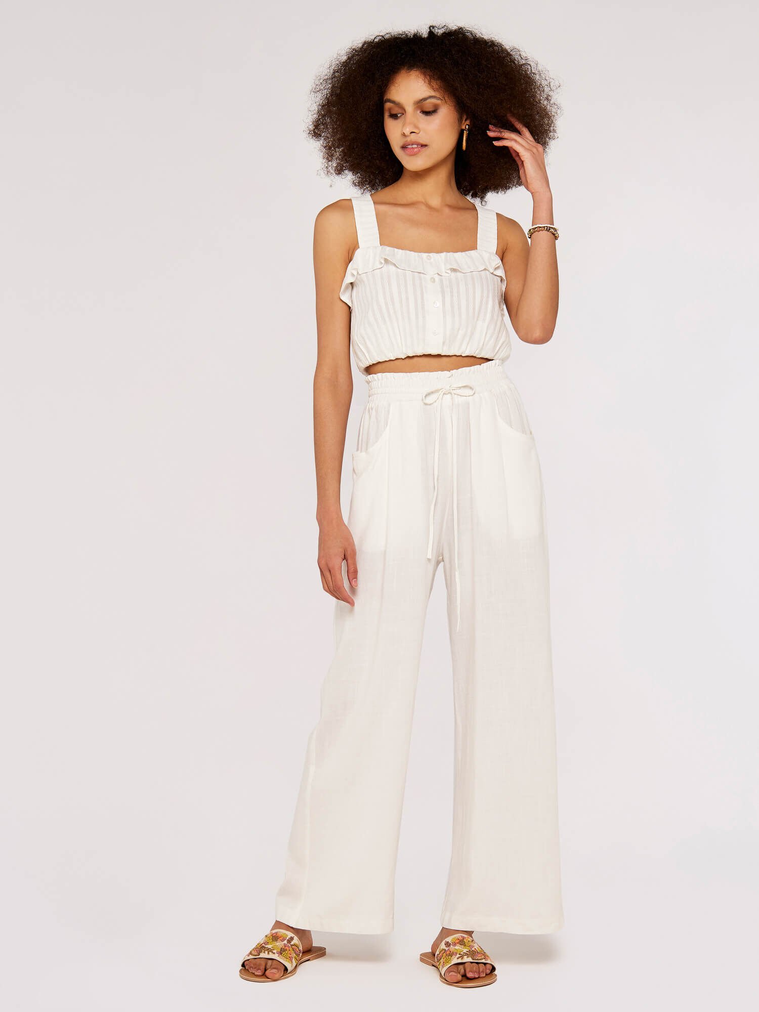 She+Sky Juniper Smocked Waist Angled Wide Leg Linen Pants | Lime Lush