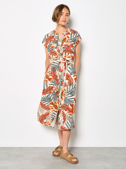 Tropical Leaf Linen Blend Shirt Midi Dress