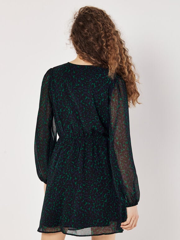 Animal Print Wrap Mini Dress, Green, large