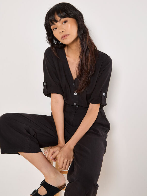 Wide Leg Culotte Jumpsuit, Black, large