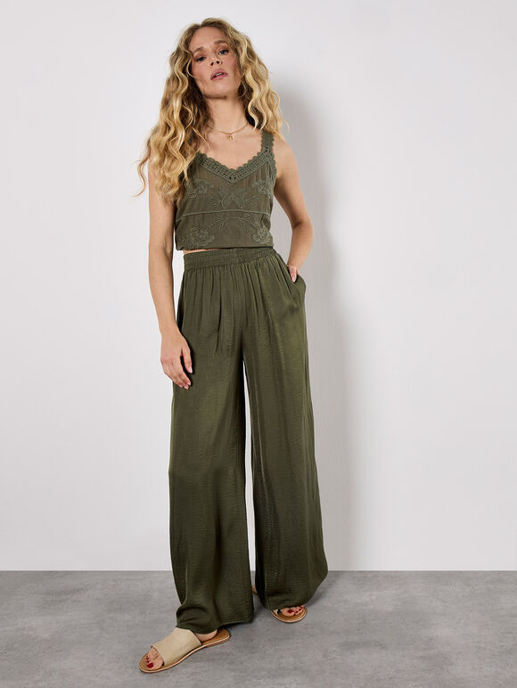 Textured Satin Wide Leg Trousers, Khaki, large