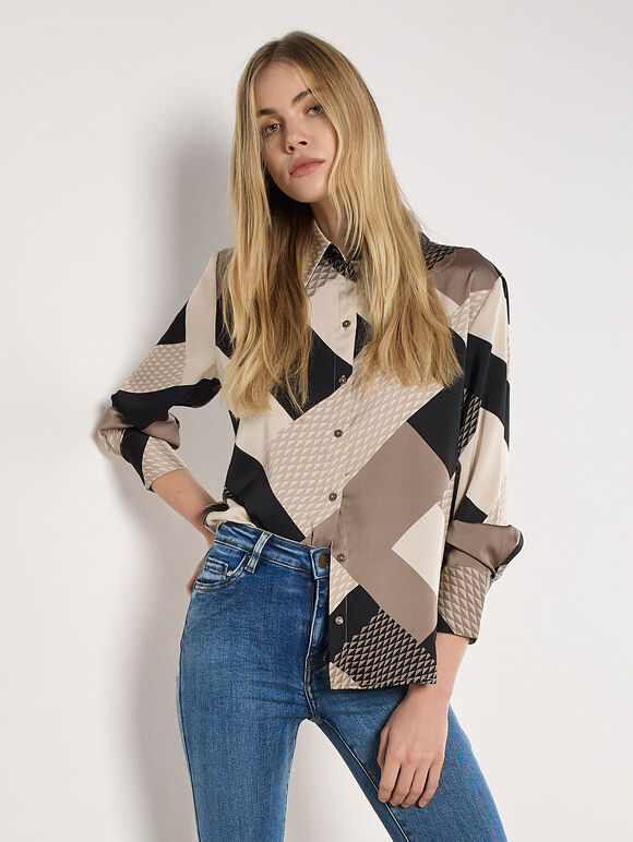 Geo Print Satin Shirt, Stone, large