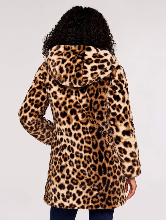 Reversible Leopard Faux Fur Puffer Coat, Black, large