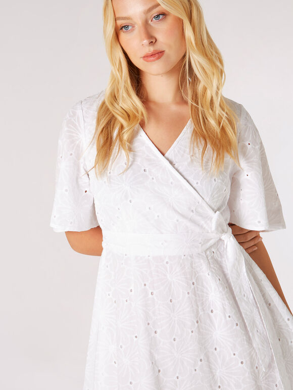 Broderie Kimono Wrap Mini Dress, White, large