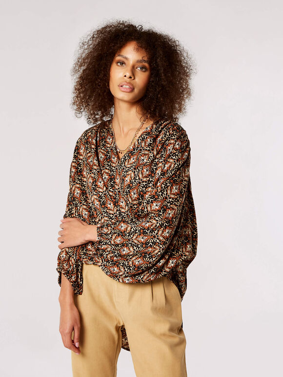 Ikat Tile Print Wrap Top, Rust, large