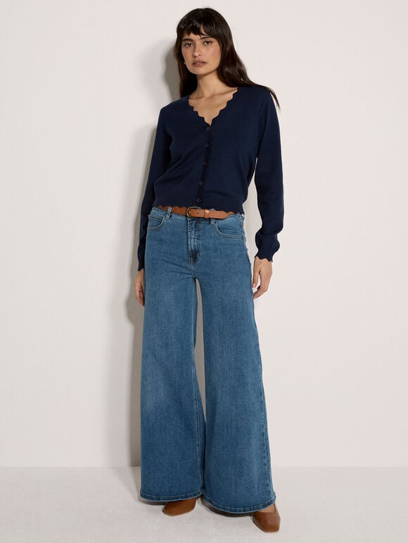 Scallop Hem Cardigan, Navy, large