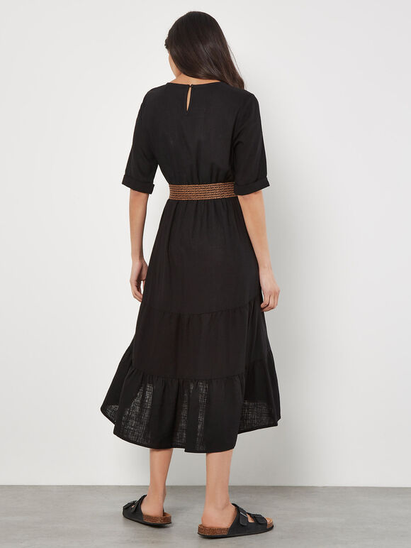 Linen Blend Tiered Midi Dress, Black, large