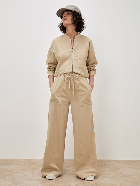 Paper Bag Waist Wide Leg Trousers, Stone, large
