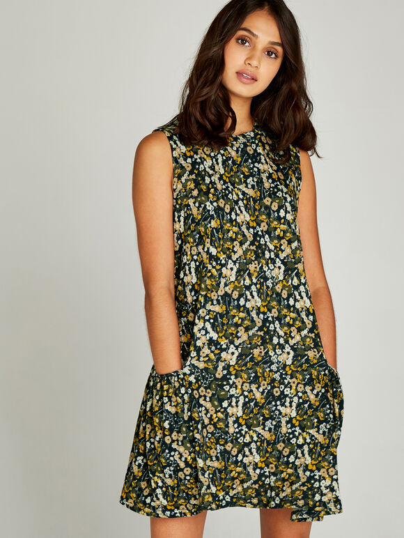 Navy Retro Ditsy Floral Tunic Dress, Navy, large