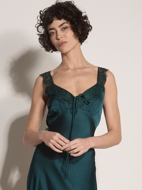 Satin Lace Maxi Dress, Green, large