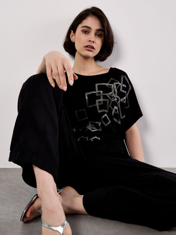 Scattered Squares Rhinestone T-Shirt, Black, large